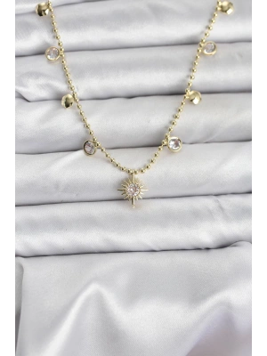 Zirkon Taşlı Kutup Yıldızı Model Pirinç Gold Renk Kadın Kolye