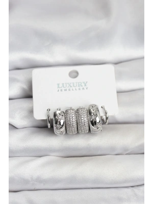 Zirkon Taşlı Pirinç Gümüş Renk Halka Kadın Küpe Seti