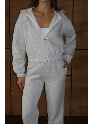 3 iplik şardonlu Kapşonlu fermuarlı kısa üst gri pat8590