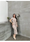 Kuşaklı mdl esnek kumaşlı elbise bej pt