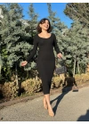 V yaka Uzun kollu midi boy elbise siyah A3154