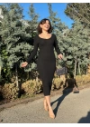 V yaka Uzun kollu midi boy elbise siyah A3154