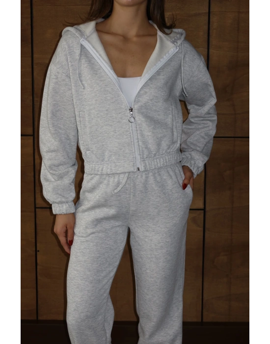 3 iplik şardonlu Kapşonlu fermuarlı kısa üst gri pat8590