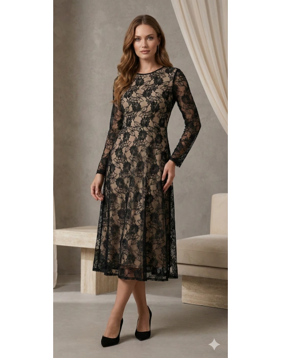 Kadın Uzun Kollu Bisiklet Yaka Dantelli Astarlı Midi Elbise