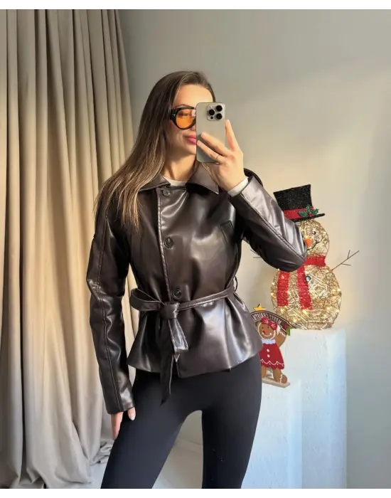 Kahve Kuşaklı Deri Ceket