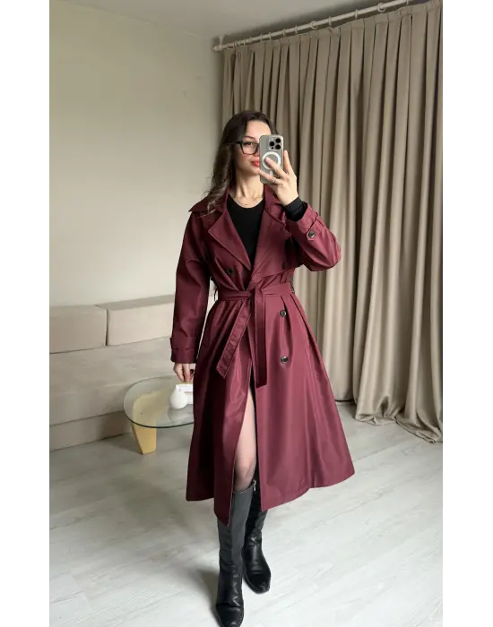Bordo Düğme Detaylı Uzun Trençkot