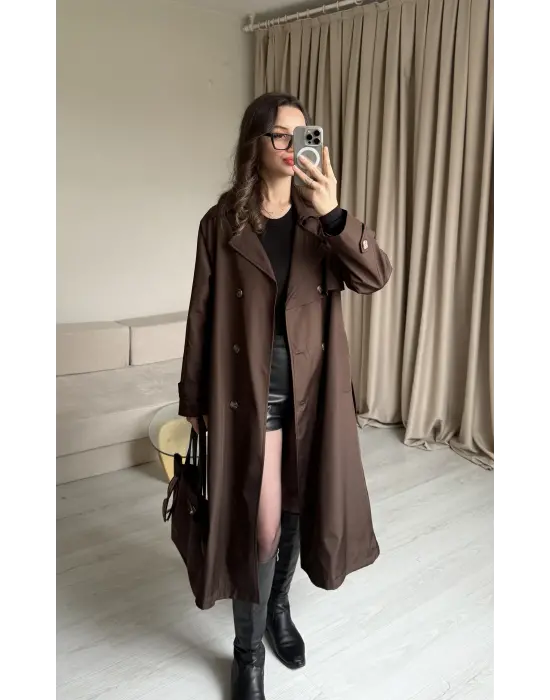 Kahve Düğme Detaylı Uzun Trençkot