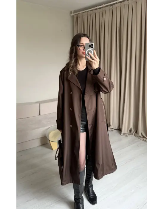 Kahve Düğme Detaylı Uzun Trençkot