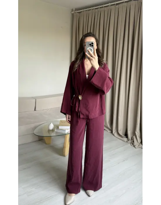 Mürdüm Broşlu Pantolon Takımm