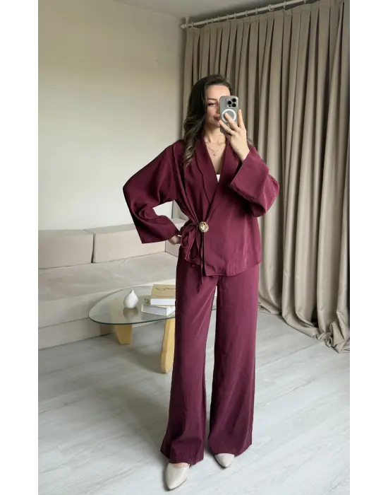 Mürdüm Broşlu Pantolon Takımm