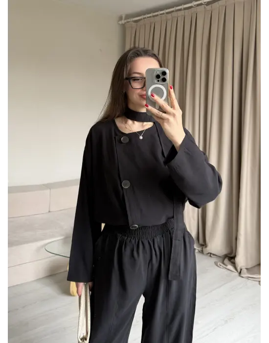 Siyah Düğmeli Şalvar Pantolon Takım