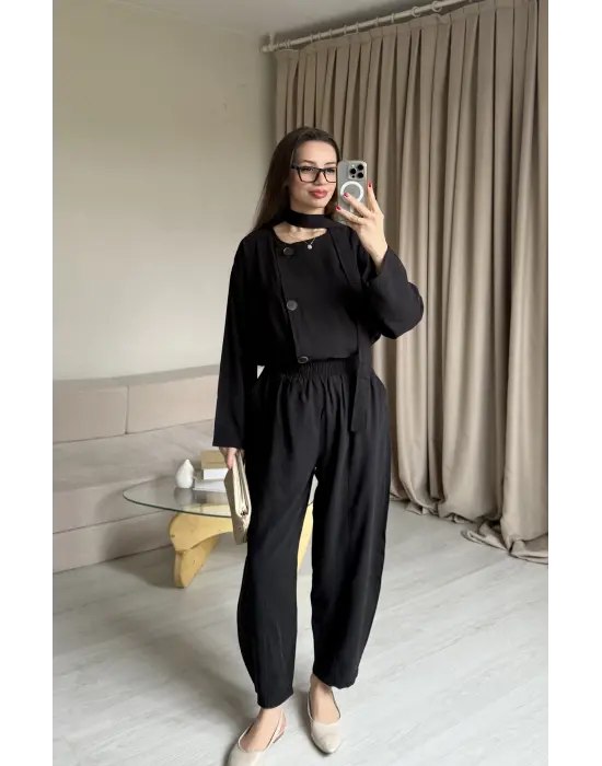 Siyah Düğmeli Şalvar Pantolon Takım