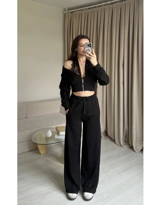 Siyah Dantel Detaylı Crop Hırka Takım