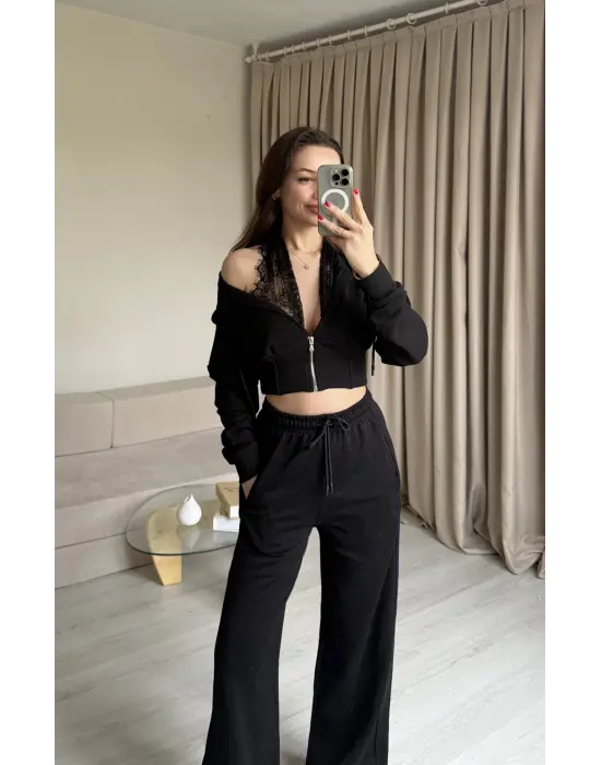 Siyah Dantel Detaylı Crop Hırka Takım