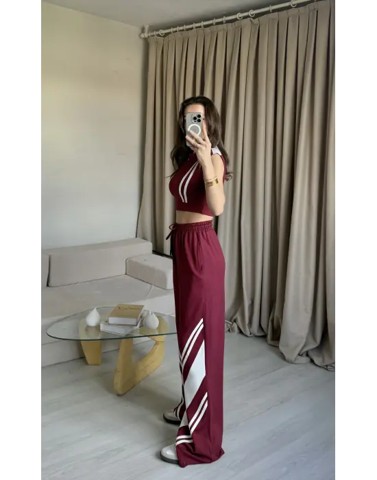 Bordo Crop Sıfır Kol Eşofman Takım