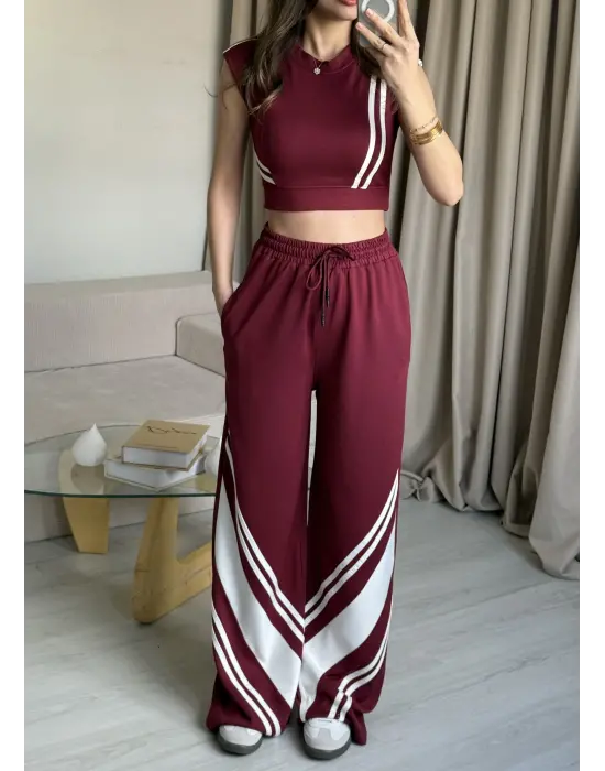 Bordo Crop Sıfır Kol Eşofman Takım