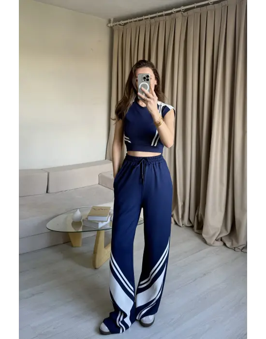 Lacivert Crop Sıfır Kol Eşofman Takım