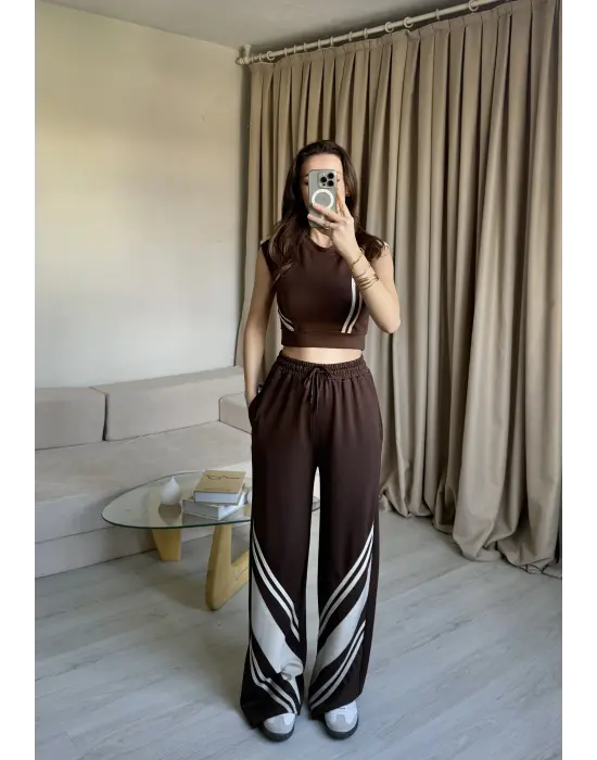 Kahve Crop Sıfır Kol Eşofman Takım