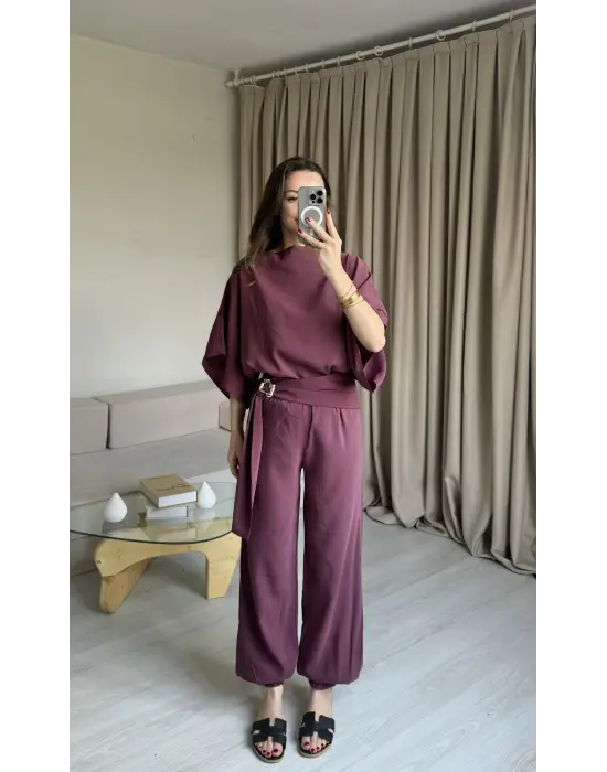 Mürdüm Yarasa Kol Bluz Pantolon Takım