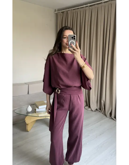 Mürdüm Yarasa Kol Bluz Pantolon Takım