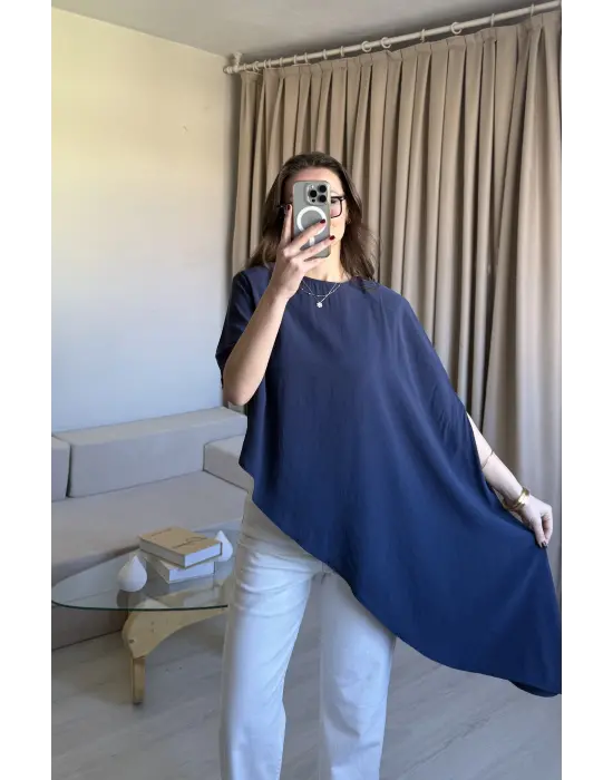 İndigo Asimetrik Vatkalı Modal Bluz