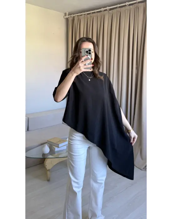 Siyah Asimetrik Vatkalı Modal Bluz