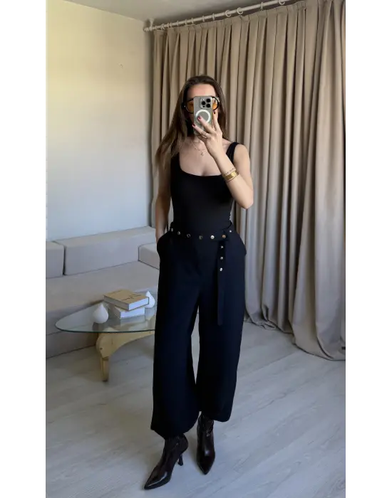 Siyah Çıtçıt Kemerli Palazzo Pantolon