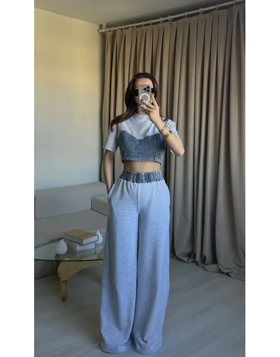 Gri Denim Detaylı Eşofman Takım