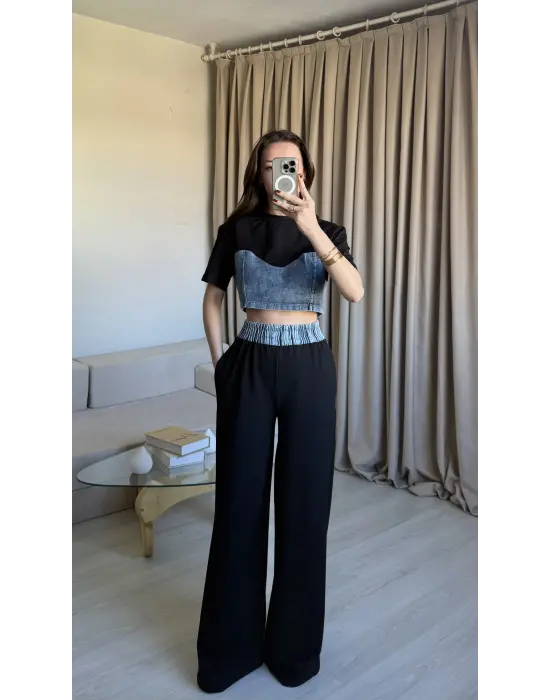 Siyah Denim Detaylı Eşofman Takım