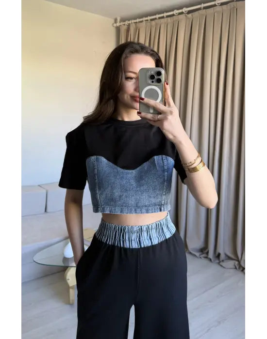 Siyah Denim Detaylı Eşofman Takım