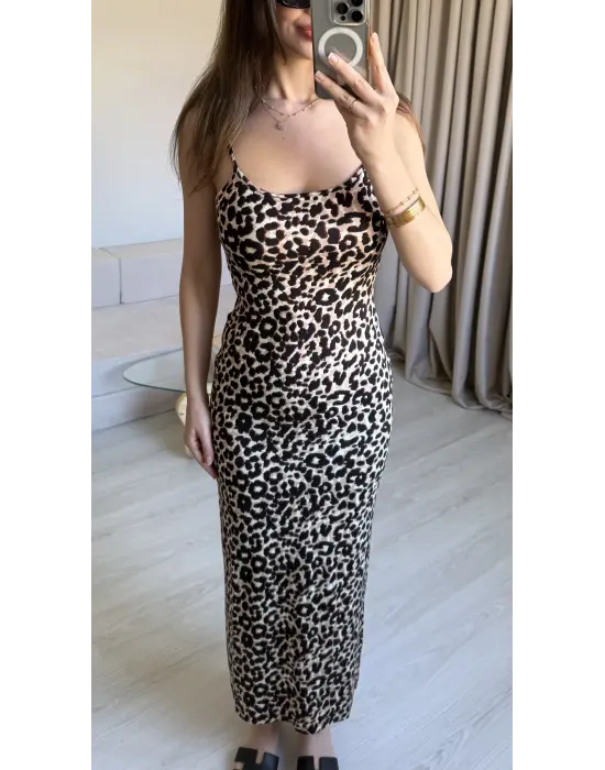 Leopar İnce Askılı Maxi Elbise