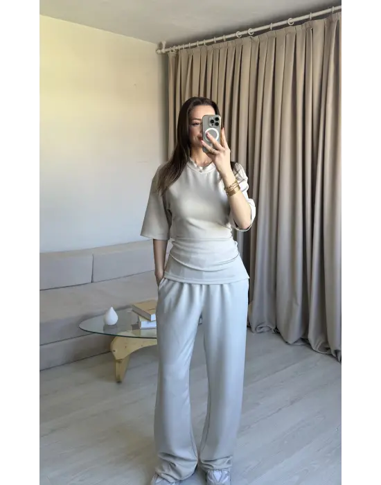 Bej Bel Bağlamalı Eşofman Takım