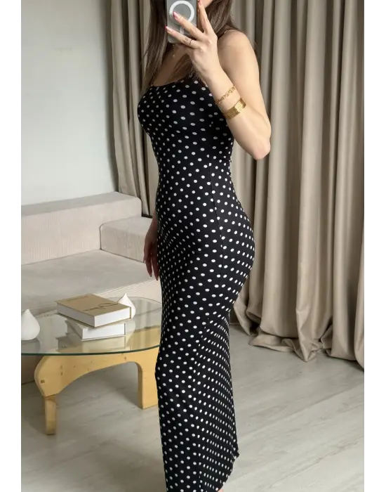 Siyah Puantiye İnce Askılı Maxi Elbise