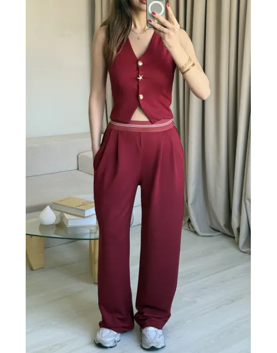 Bordo Broş Düğme Detaylı Takım