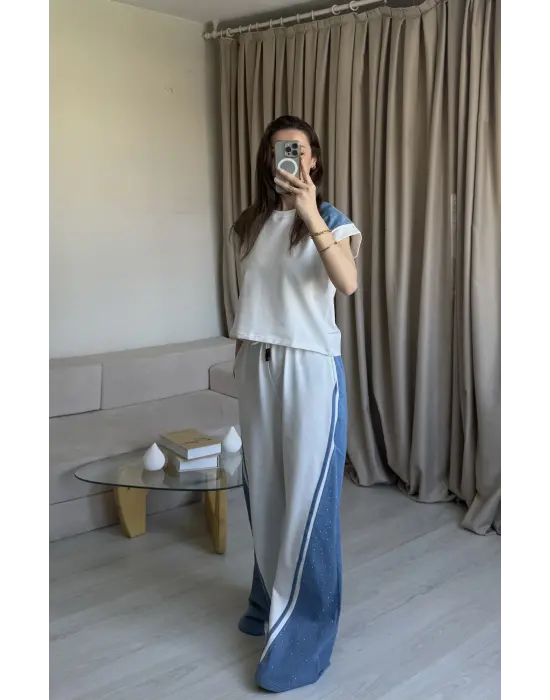 Beyaz Taş Detaylı Denim Takım
