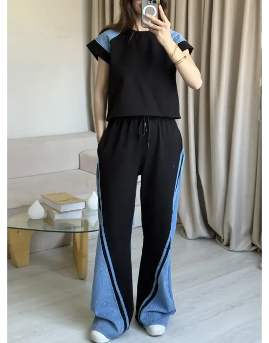 Siyah Taş Detaylı Denim Takım
