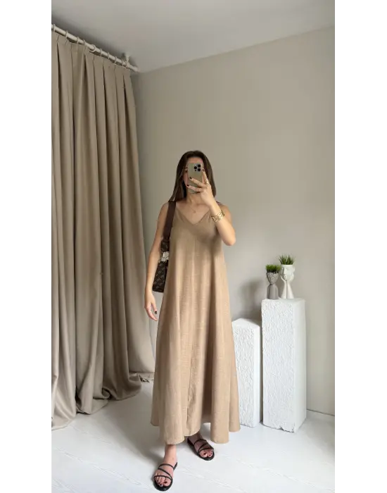 Açık Kahve Askılı Keten Elbise