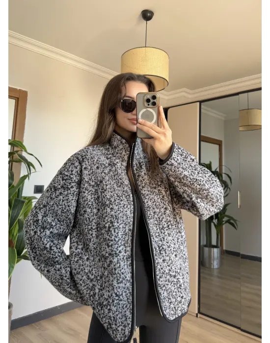 Antrasit Peluş Fermuarlı Hırka