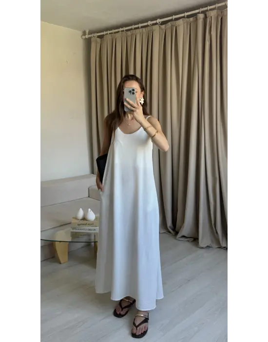 Beyaz Ayrobin Maxi Boy Askılı Elbise