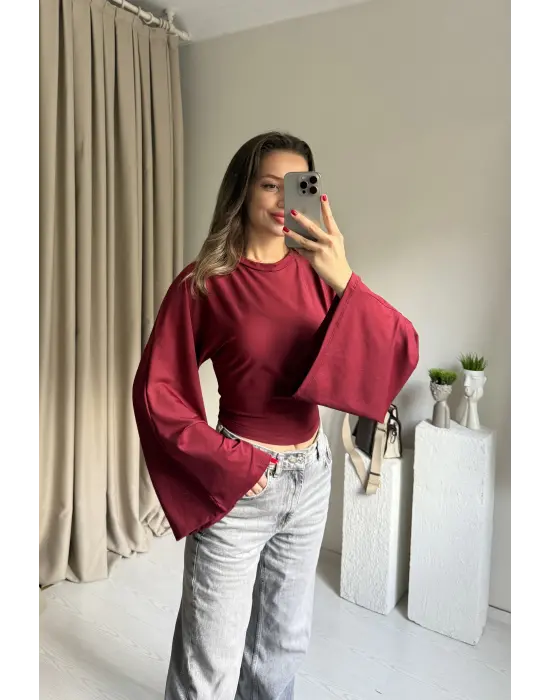 Bordo Belden Oturtmalı Yarasa Kol Bluz