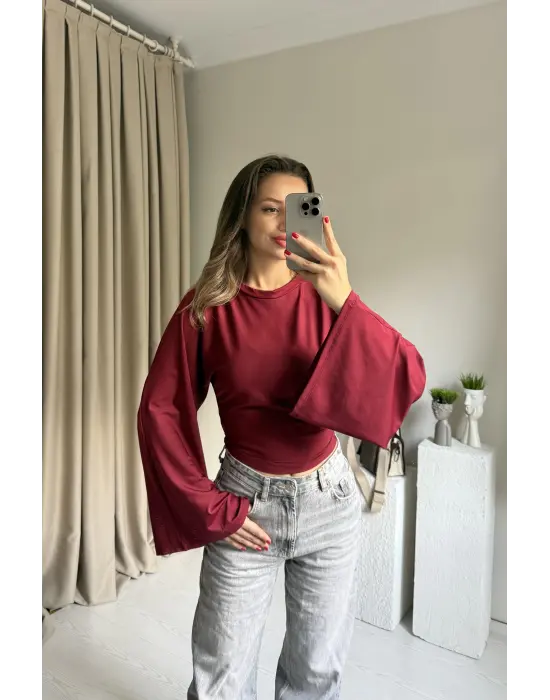 Bordo Belden Oturtmalı Yarasa Kol Bluz