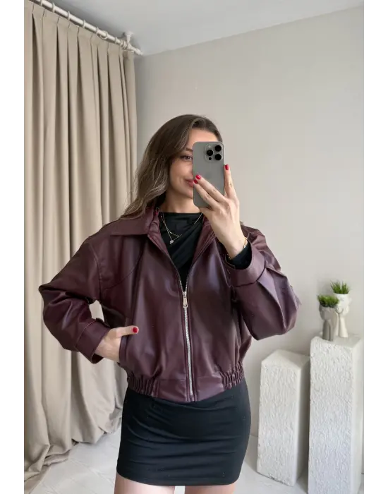 Bordo Beli Lastikli Deri Ceket
