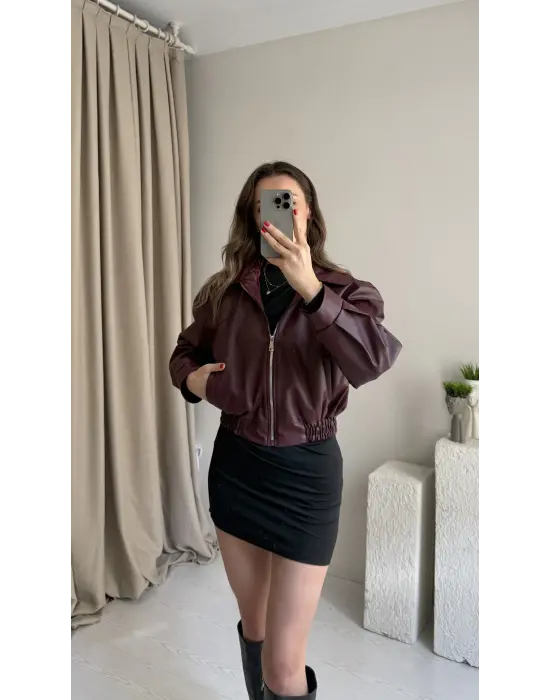Bordo Beli Lastikli Deri Ceket
