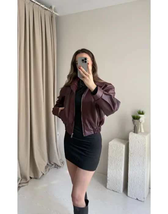 Bordo Beli Lastikli Deri Ceket