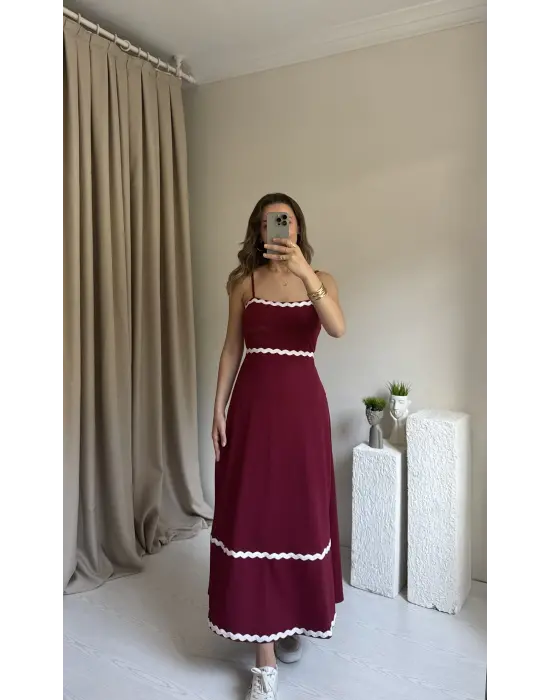 Bordo Biye Geçişli Elbise