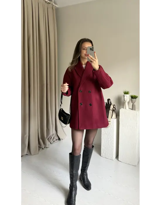 Bordo Çift Düğmeli Kaşe Premıum Ceket