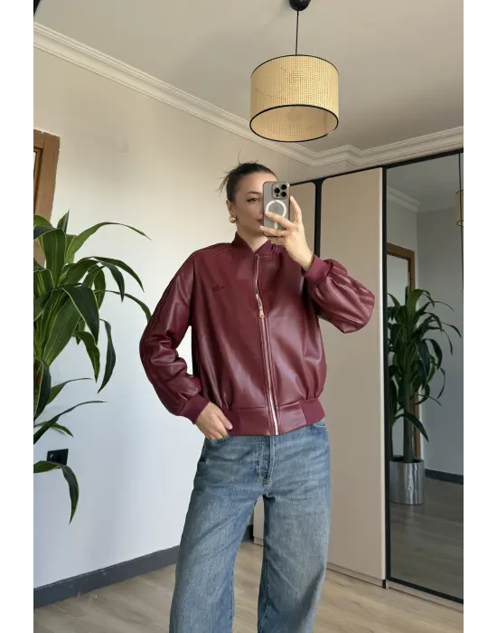 Bordo İçi Astarlı Deri Ceket