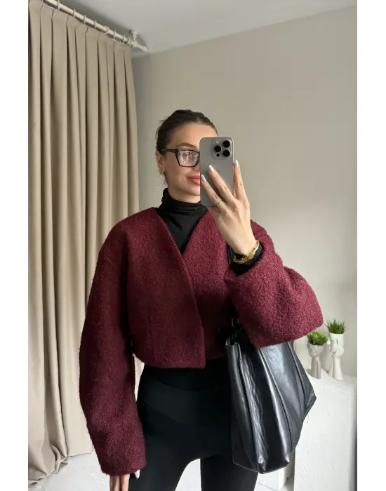 Bordo Orkide Kumaş Crop Ceket