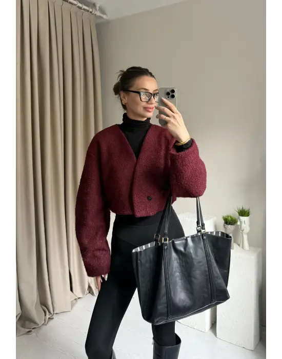 Bordo Orkide Kumaş Crop Ceket