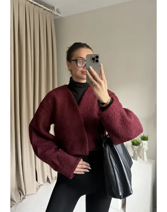 Bordo Orkide Kumaş Crop Ceket